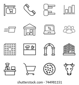 thin line icon set : shop signboard, phone, diagram, graph, delivery, warehouse, notebook, group, cpu, tools, arch, office, customs control, cart, cookies, cow