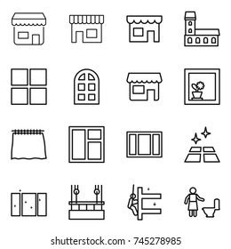 thin line icon set : shop, mansion, window, arch, flower in, curtain, clean floor, skysrcapers cleaning, skyscrapers, toilet