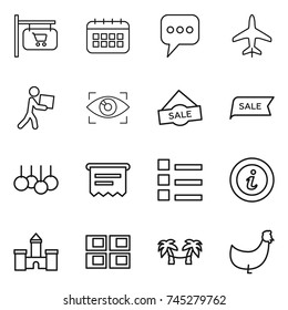 thin line icon set : shop signboard, calendar, message, plane, courier, eye identity, sale, atm receipt, list, info, castle, panel house, palm hammock, chicken