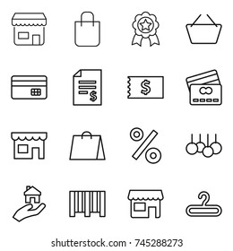 thin line icon set : shop, shopping bag, medal, basket, credit card, account balance, receipt, percent, sale, real estate, bar code, hanger