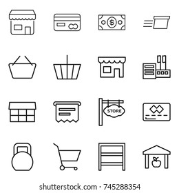 thin line icon set : shop, card, money, delivery, basket, store, market, atm receipt, signboard, credit, heavy, cart, rack, warehouse