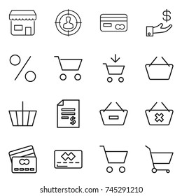 thin line icon set : shop, target audience, card, investment, percent, cart, add to, basket, account balance, remove from, delete, credit