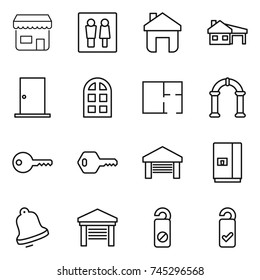 thin line icon set : shop, wc, home, house with garage, door, arch window, plan, key, fridge, bell, do not distrub, please clean