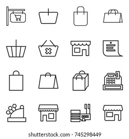 thin line icon set : shop signboard, basket, shopping bag, delete cart, list, cashbox, mall