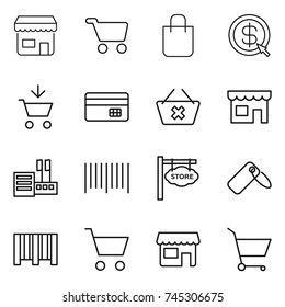 thin line icon set : shop, cart, shopping bag, dollar arrow, add to, credit card, delete, store, bar code, signboard, label