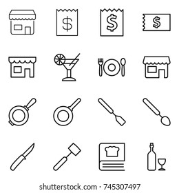 thin line icon set : shop, receipt, cocktail, cafe, pan, spatula, big spoon, knife, meat hammer, cooking book, wine