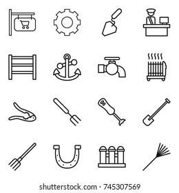thin line icon set : shop signboard, gear, construction, customs control, rack, anchor, water tap, radiator, walnut crack, big fork, blender, shovel, horseshoe, grain elevator, rake