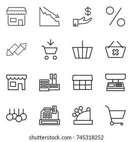 thin line icon set : shop, crisis, investment, percent, up down arrow, add to cart, basket, delete, store, market, scales, sale, cashbox