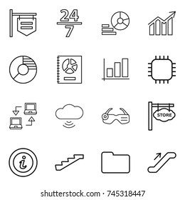 thin line icon set : shop signboard, 24 7, diagram, circle, annual report, graph, chip, notebook connect, cloud wireless, smart glasses, store, info, stairs, documents, escalator