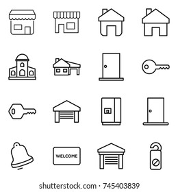 thin line icon set : shop, home, mansion, house with garage, door, key, fridge, bell, welcome mat, do not distrub