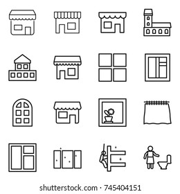 thin line icon set : shop, mansion, cottage, window, arch, flower in, curtain, clean, skyscrapers cleaning, toilet