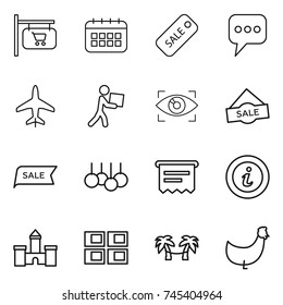 thin line icon set : shop signboard, calendar, sale, message, plane, courier, eye identity, atm receipt, info, castle, panel house, palm hammock, chicken