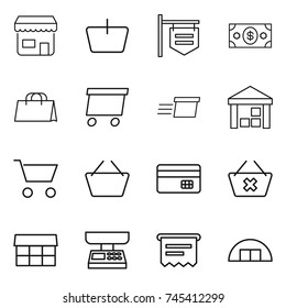thin line icon set : shop, basket, signboard, money, shopping bag, delivery, warehouse, cart, credit card, delete, market, scales, atm receipt, hangare