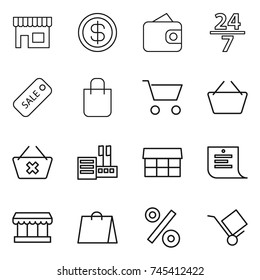 thin line icon set : shop, dollar, wallet, 24 7, sale, shopping bag, cart, basket, delete, store, market, list, percent, trolley