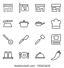 thin line icon set : shop, signboard, cutting board, pan, cook hat, skimmer, chef knife, meat hammer, cooking book, salt pepper, fork spoon plate, meal cap, hot