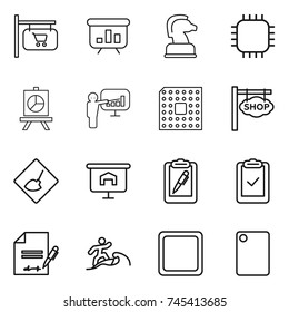 thin line icon set : shop signboard, presentation, chess horse, chip, cpu, under construction, clipboard pen, check, inventory, surfer, cutting board