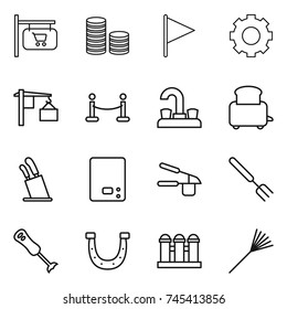 thin line icon set : shop signboard, coin stack, flag, gear, loading, vip fence, water tap, toaster, stands for knives, kitchen scales, garlic clasp, big fork, blender, horseshoe, grain elevator