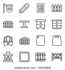 thin line icon set : shop signboard, pencil, abacus, fence, table, nightstand, chest of drawers, dresser, cutting board, fireplace, farm