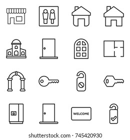 thin line icon set : shop, wc, home, mansion, door, arch window, plan, key, do not distrub, fridge, welcome mat, please clean