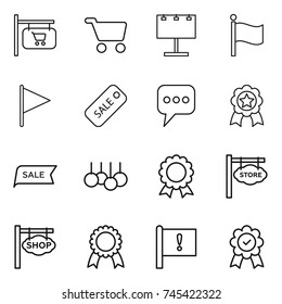 thin line icon set : shop signboard, cart, billboard, flag, sale, message, medal, store, important