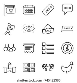 thin line icon set : shop signboard, calendar, sale, message, courier, eye identity, atm receipt, list, info, castle, panel house, palm hammock, chicken