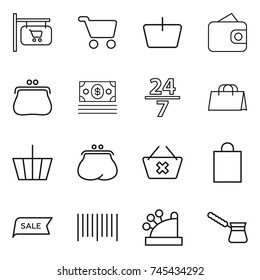 thin line icon set : shop signboard, cart, basket, wallet, purse, money, 24 7, shopping bag, delete, sale, bar code, cashbox, turk