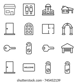 thin line icon set : shop, wc, mansion, house with garage, door, arch window, plan, key, do not distrub, welcome mat, please clean