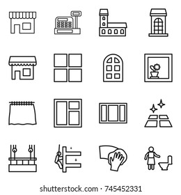 thin line icon set : shop, cashbox, mansion, building, window, arch, flower in, curtain, clean floor, skysrcapers cleaning, skyscrapers, wiping, toilet
