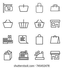thin line icon set : shop signboard, basket, shopping bag, delete cart, store, list, cashbox