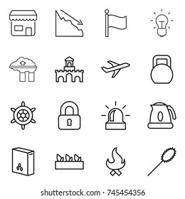 thin line icon set : shop, crisis, flag, bulb, factory filter, fort, plane, heavy, handwheel, locked, alarm, kettle, cereals, seedling, fire, duster