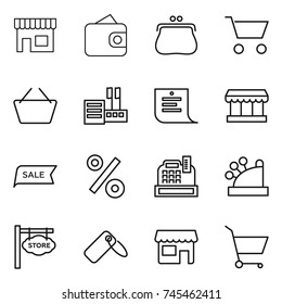 thin line icon set : shop, wallet, purse, cart, basket, store, shopping list, market, sale, percent, cashbox, signboard, label