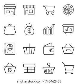 thin line icon set : shop, cart, target, purse, money bag, diagram, presentation, annual report, basket, wallet, remove from, delete, market