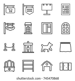 thin line icon set : shop signboard, billboard, abacus, building, window, arch, vip fence, detector, dog, curtain, dresser, rack, barn, clean