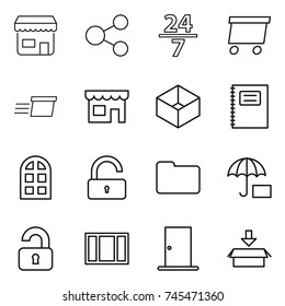 thin line icon set : shop, share, 24 7, delivery, box, copybook, arch window, unlock, documents, insurance, unlocked, door, package