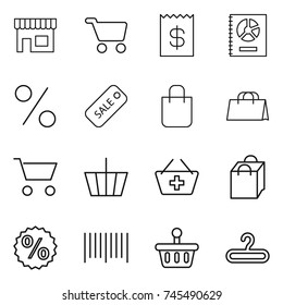 thin line icon set : shop, cart, receipt, annual report, percent, sale, shopping bag, basket, add to, bar code, hanger