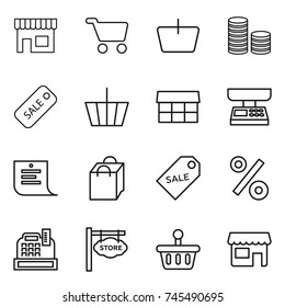 thin line icon set : shop, cart, basket, coin stack, sale, market, scales, shopping list, bag, label, percent, cashbox, store signboard