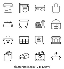 thin line icon set : shop, signboard, card, shopping bag, delivery, cashbox, warehouse, delete cart, market, list, credit, package
