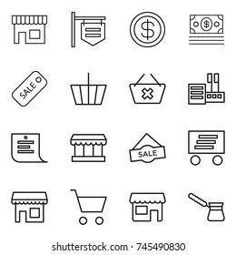 thin line icon set : shop, signboard, dollar, money, sale, basket, delete cart, store, shopping list, market, delivery, turk