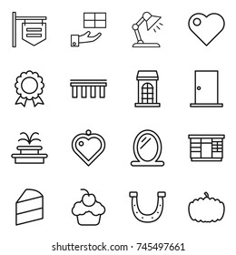 thin line icon set : shop signboard, gift, table lamp, heart, medal, bridge, building, door, fountain, pendant, mirror, wardrobe, cake, cupcake, horseshoe, pumpkin