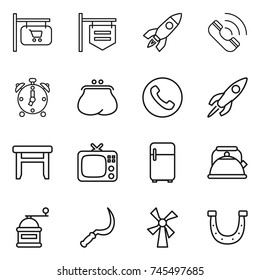 thin line icon set : shop signboard, rocket, call, alarm clock, purse, phone, stool, tv, fridge, kettle, hand mill, sickle, windmill, horseshoe