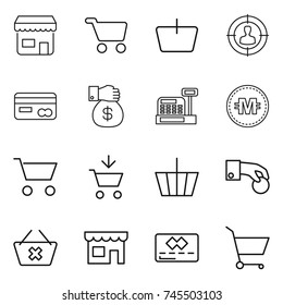 thin line icon set : shop, cart, basket, target audience, card, money gift, cashbox, crypto currency, add to, hand coin, delete, credit