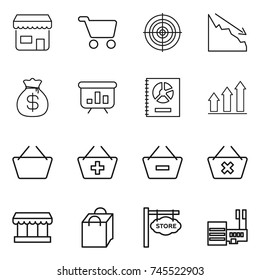 thin line icon set : shop, cart, target, crisis, money bag, presentation, annual report, graph up, basket, add to, remove from, delete, market, shopping, store signboard, mall