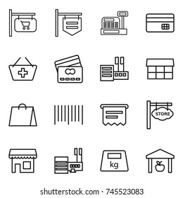 thin line icon set : shop signboard, cashbox, credit card, add to basket, store, market, shopping bag, bar code, atm receipt, mall, heavy, warehouse
