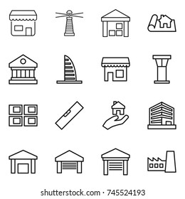 thin line icon set : shop, lighthouse, warehouse, project, library, skyscraper, airport tower, panel house, level, real estate, office, garage, factory