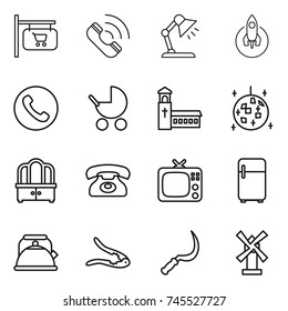 thin line icon set : shop signboard, call, table lamp, rocket, phone, baby stroller, church, disco ball, dresser, tv, fridge, kettle, walnut crack, sickle, windmill