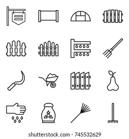 thin line icon set : shop signboard, fence, greenhouse, watering, fork, sickle, wheelbarrow, pear, sow, fertilizer, rake