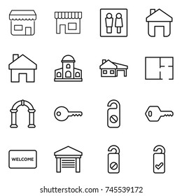 thin line icon set : shop, wc, home, mansion, house with garage, plan, arch, key, do not distrub, welcome mat, please clean