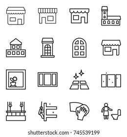 thin line icon set : shop, mansion, cottage, building, arch window, flower in, clean floor, skysrcapers cleaning, skyscrapers, wiping, toilet