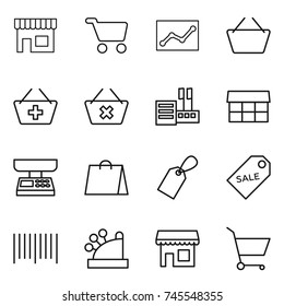 thin line icon set : shop, cart, statistics, basket, add to, delete, store, market, scales, shopping bag, label, sale, bar code, cashbox