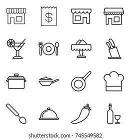 thin line icon set : shop, receipt, cocktail, cafe, restaurant, stands for knives, pan, cook hat, big spoon, meal cap, hot pepper, wine